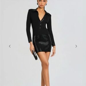 Retrofete Black Bodycon Dress Long Sleeve Plunge